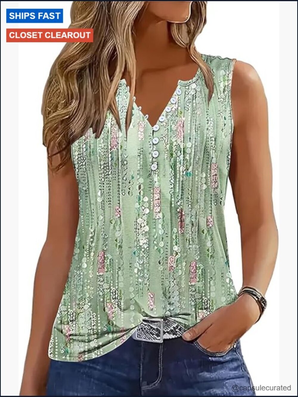 Women's Sleeveless Pleated Tunic Tank Top V-Neck Button Down Blouse